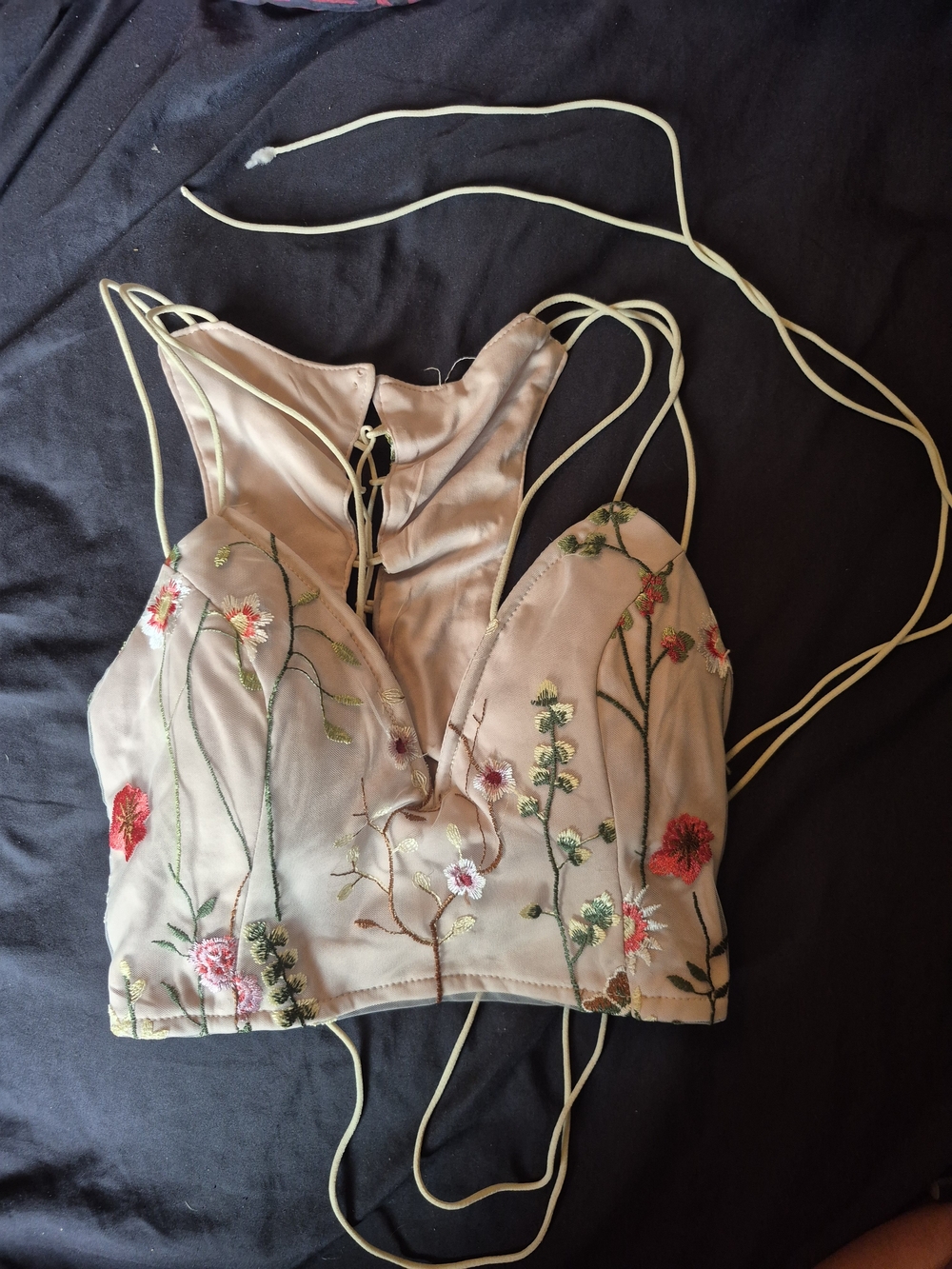 Embroidered Floral Plunge Bralette Top - Blush